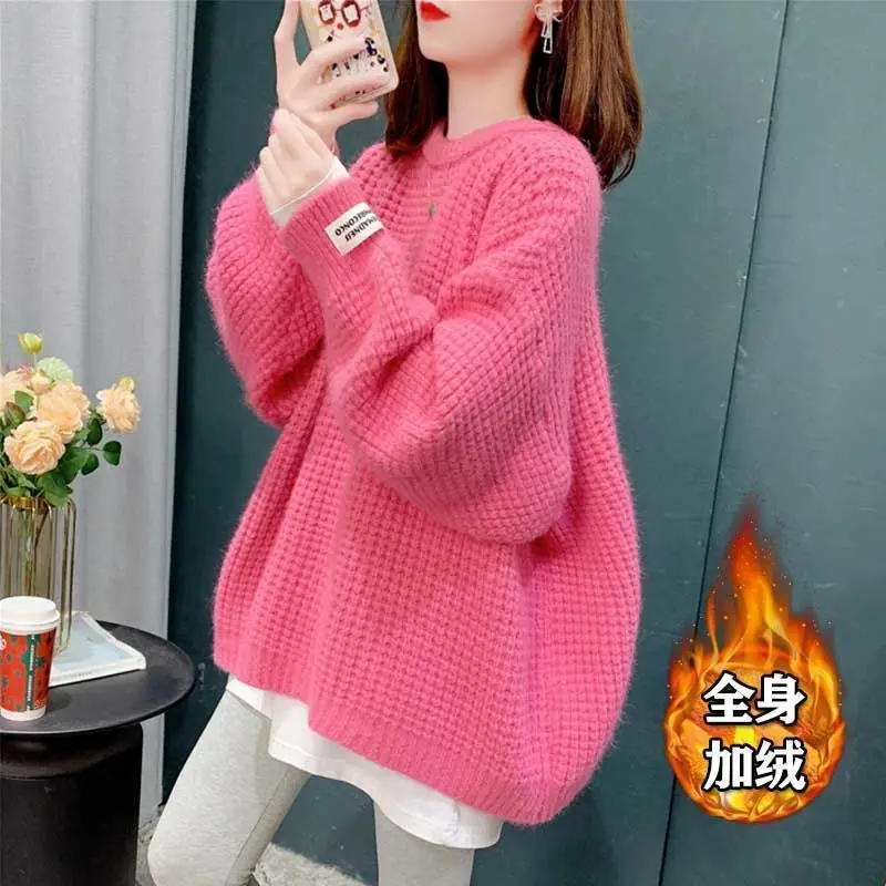 2023 Autumn and Winter Women Casual Streetwear Plush Warm Knitted Sweaters Solid O Neck Long Sleeve Oversized Pullovers Jumpers