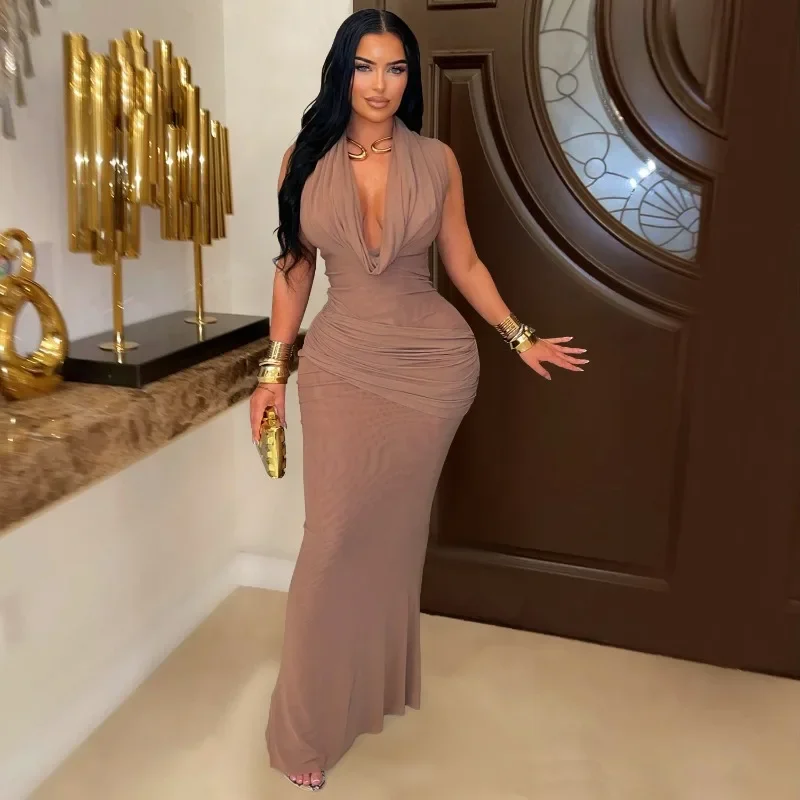 GUWU Fashion Sleeveless Pleated V-neck Low Cut Maxi Long Dress Sheer Mesh Sexy Night Party Club Wear Women's Dresses