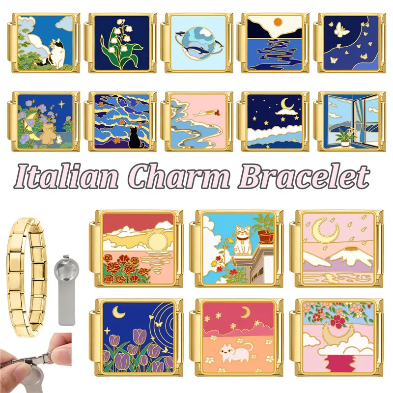 Y2K Gold Color Bear Cat Blue Sky Rose Flowers Moon Italian Charm Link Fit 9MM Stainless Steel Bracelet Women DIY Making Gifts