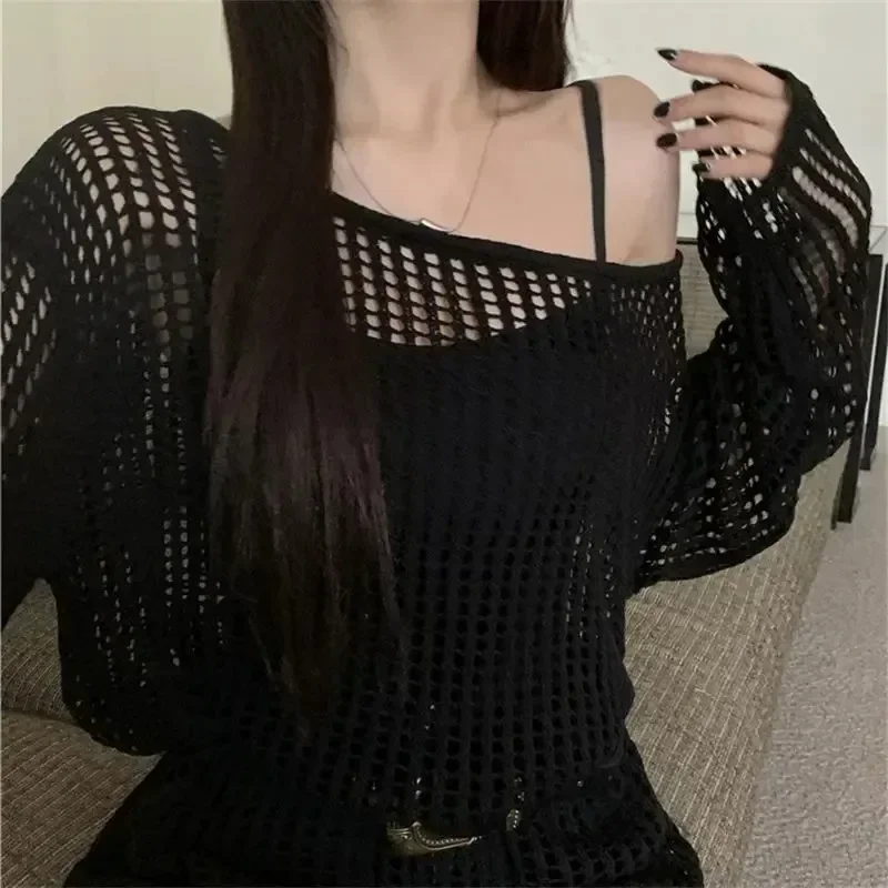 Hollow Out Lace-up Back Crochet Shirt Long Sleeve Knit Tops Pullovers Women Teengirls Y2K Grunge Aesthetic Outfit