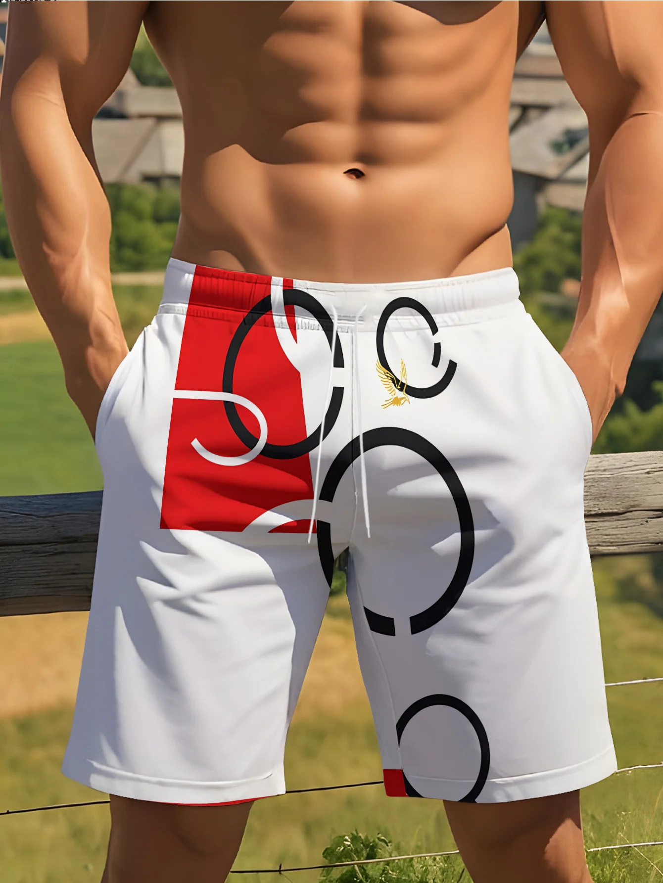 

2026 Mens Cute Baseball Mascot Print Quick Dry Drawstring Waist Beach Shorts Swim Trunks