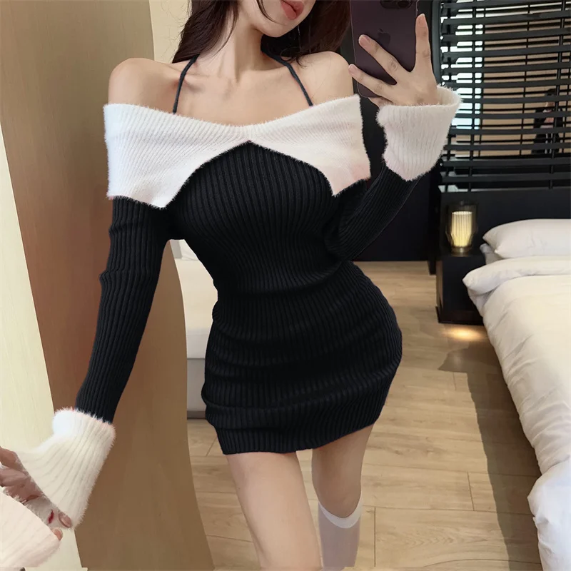 Women Elegant Off Shoulder Knit Mini Dress Fall Winter Slim Fit Hip Hug Pure Style Long Sleeve Inner Wear