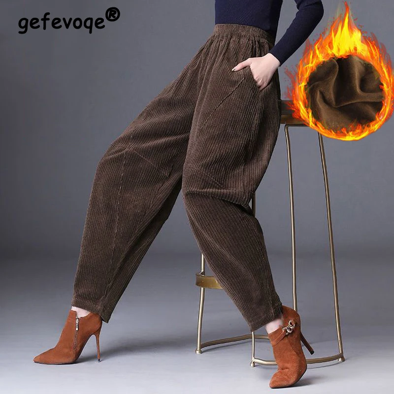 

Women Vintage Clothes Autumn Winter Trendy Y2K Casual Streetwear Baggy Harem Pants Corduroy Loose Trousers Plush Thick Pantalone