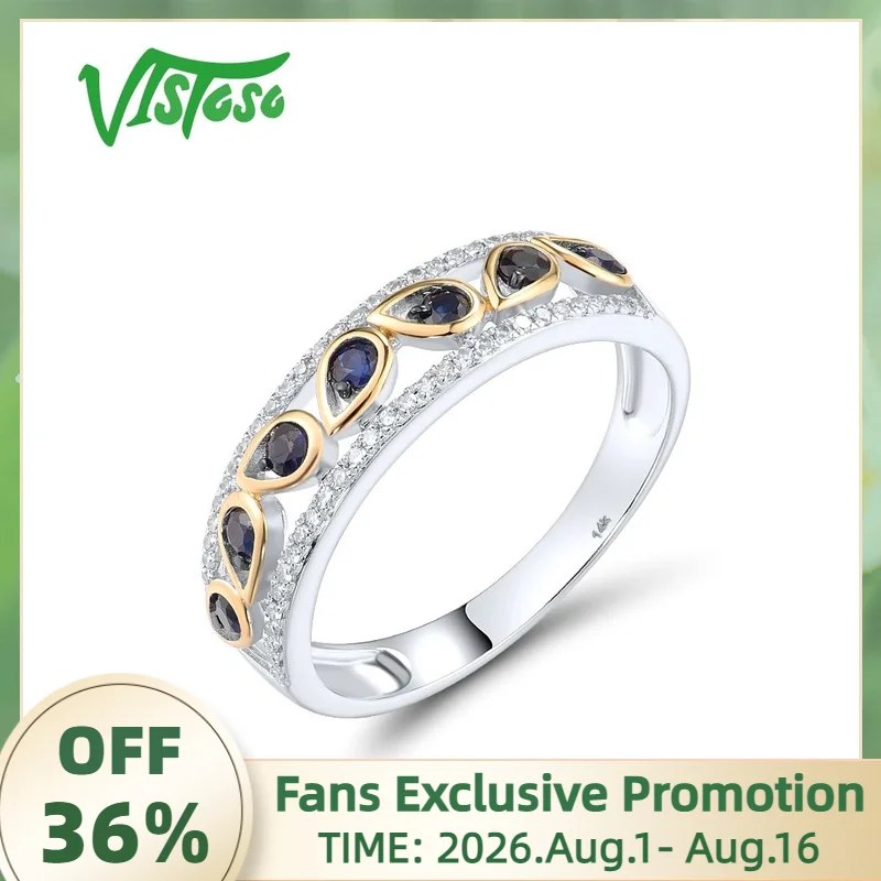 VISTOSO Pure 14K 585 White Yellow Gold Lace Band Ring For Women Sparkling Diamond Blue Sapphire Wedding Engagement Fine Jewelry