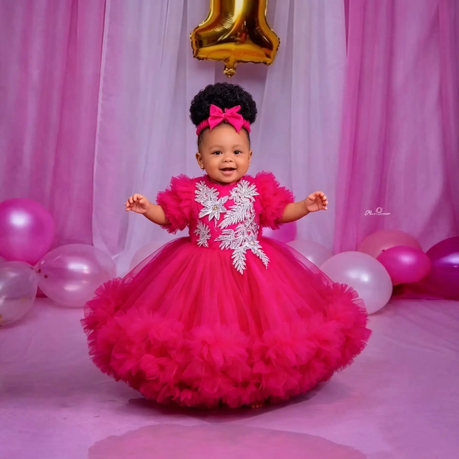 Customized Flower Girl Dresses Fuchsia Puffy Tulle Dress Sparkly Beaded 1st Birthday Photo Shoot Party Gown - view 5