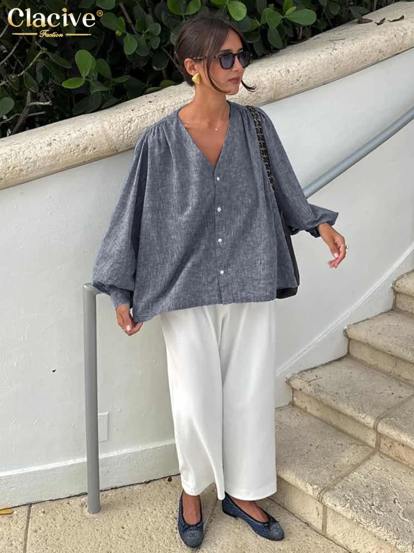Clacive Fashion Loose Blue Linen Women's Shirt 2025 Casual V-Neck Puff Sleeve Shirts Elegant Classic Solid Tops Female Clothing