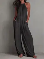 Women Halter Neck Off Shoulder Jumpsuit Sleeveless Loose Wide Leg With Pockets Casual Summer Beach - Image 4