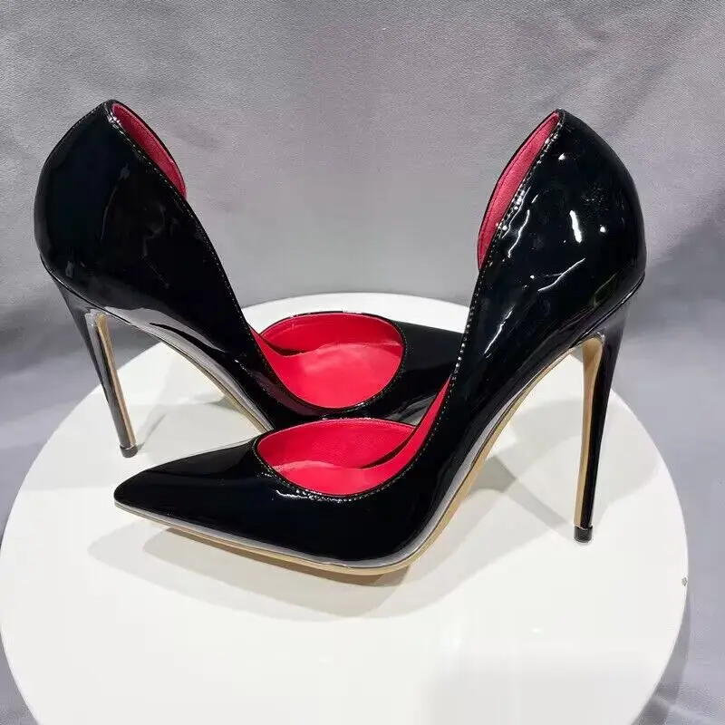 Tikicup Classic Black Women Side Open Pointy Toe High Heel Shoes Glossy Elegant Dress Slip On Stiletto Pumps Sexy Wedding Shoes