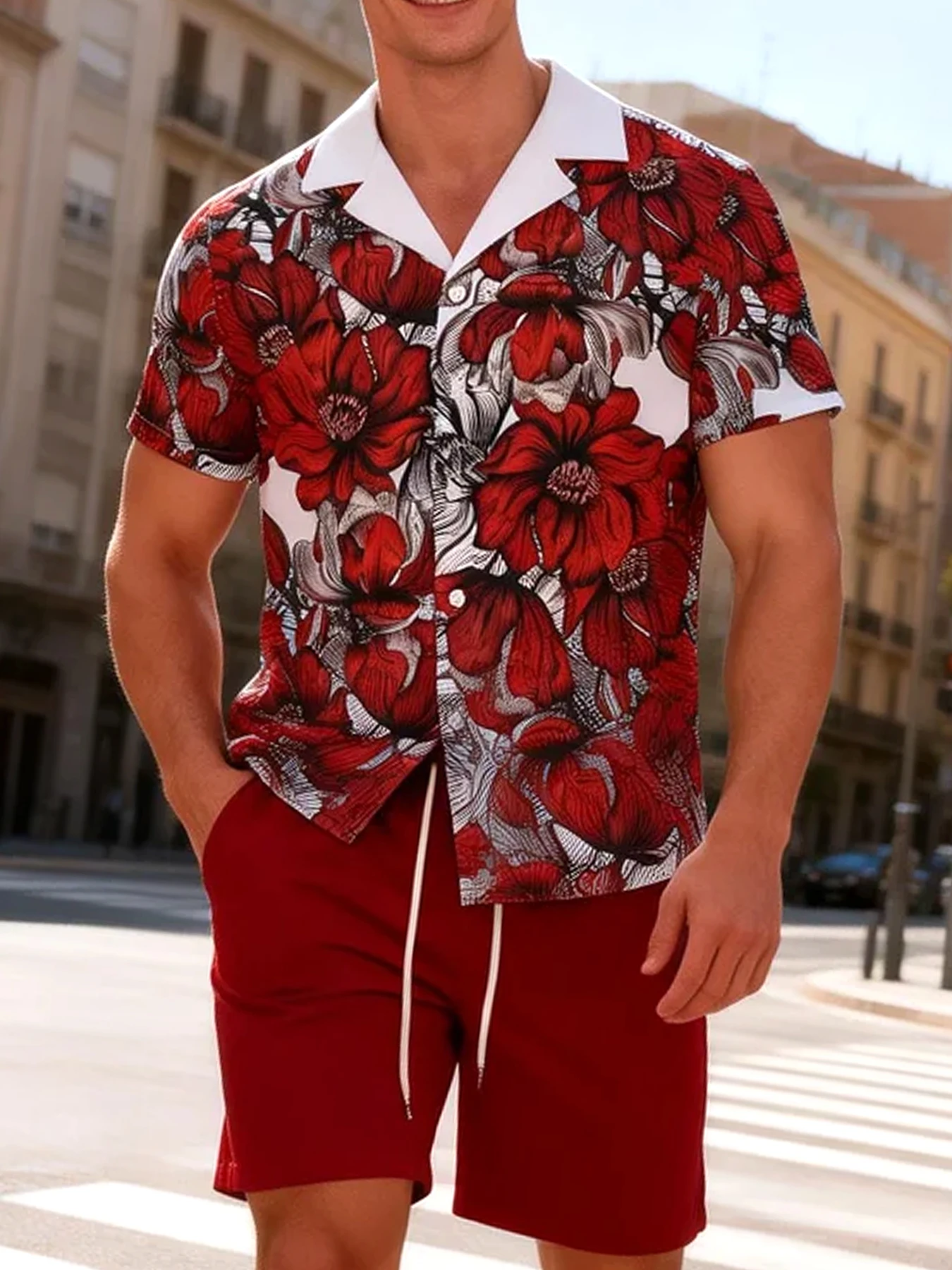 Ensemble de shorts pour hommes pour les vacances à la plage, ensemble deux pièces à col cubain imprimé floral, chemise à manches courtes et short à cordon de serrage, tenue décontractée bordeaux ample d'été style hawaïen
