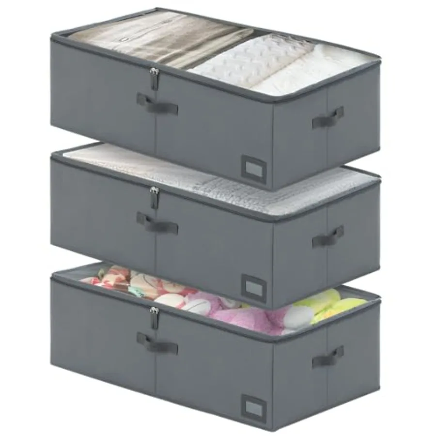 

10-Inch Under Bed Storage Containers 3-Pack Sturdy Sidewalls Clear Cover and Label Holder Foldable Closet Organizer Stores Clot