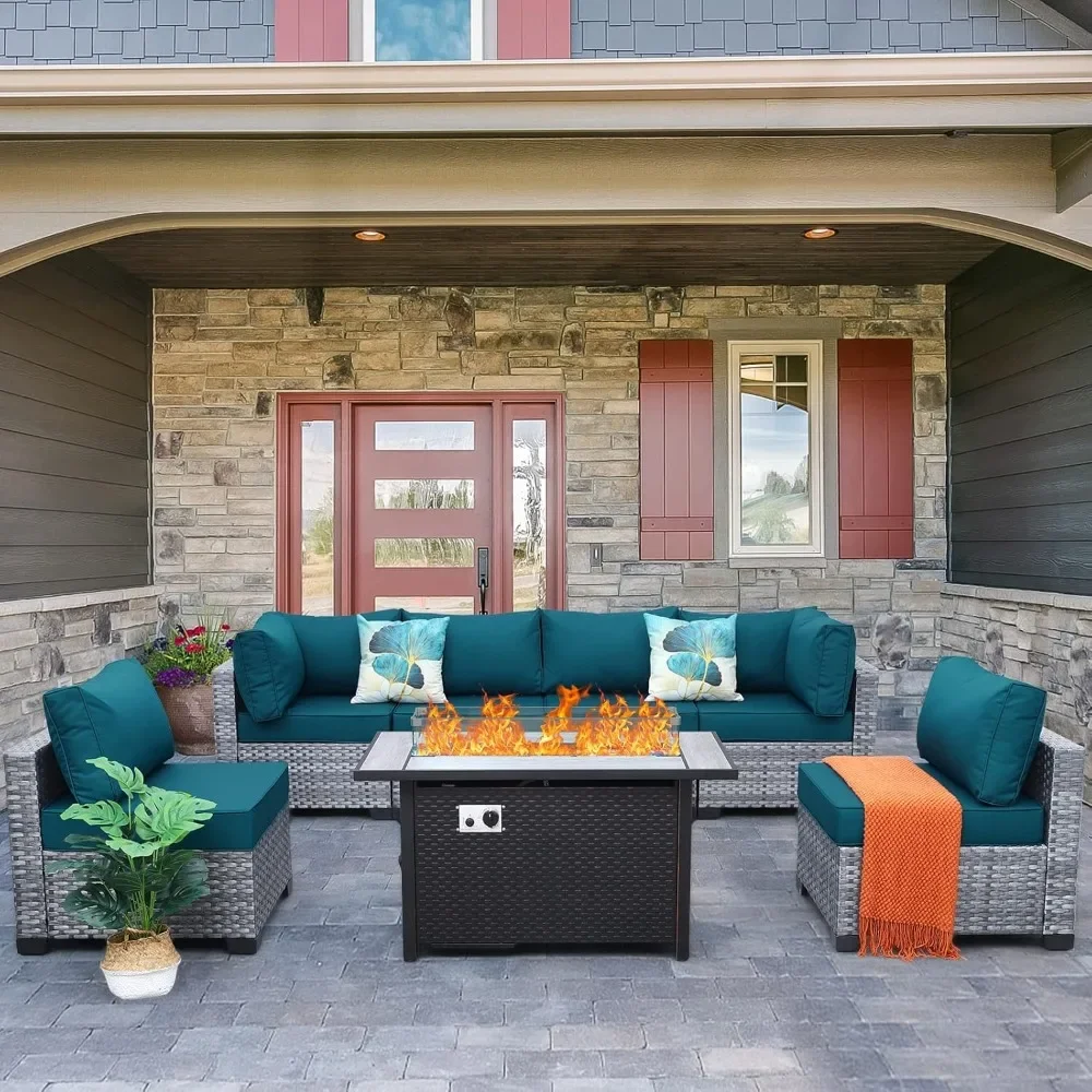 

7 Pieces Wicker Patio Furniture Set,PE Rattan Outdoor Sectional Conversation Sofa Set with Fire Pit Table, Non-Slip Cushions