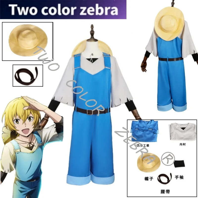 

Bungo Stray Dogs Miyazawa Kenji Cosplay Costume Blue Bib Pants Hat Shirt Full Set Halloween Party Comic Con Roleplay Suit