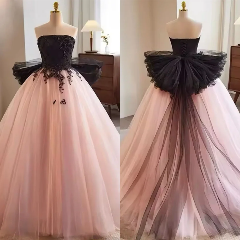 

Customized Classic Pink Tulle Evening Dress High Quality Strapless Sleeveless Bow Lace Up Back Contrast Color Homecoming Dress