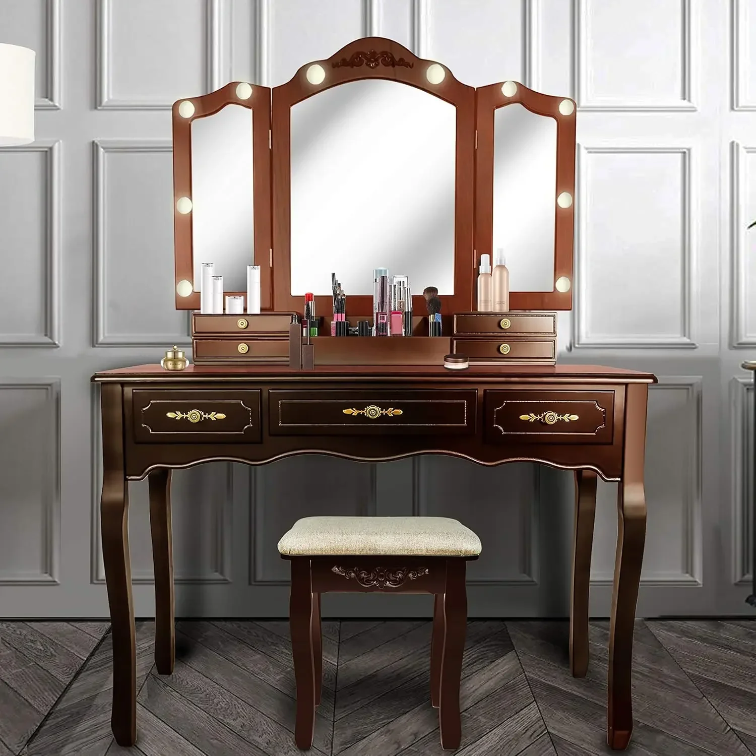 ENSTVER Vintage Vanity Desk with Mirror and Lights, Tri-Folding Mirrors, 6 Organization 7 Drawers Makeup Dress Vanity Table with