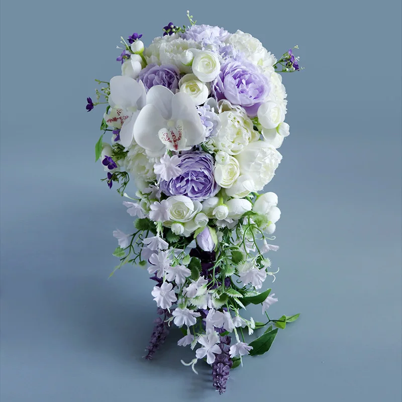 Bouquet de fleurs de mariée violet en cascade, fausses pivoines, accessoires de fête