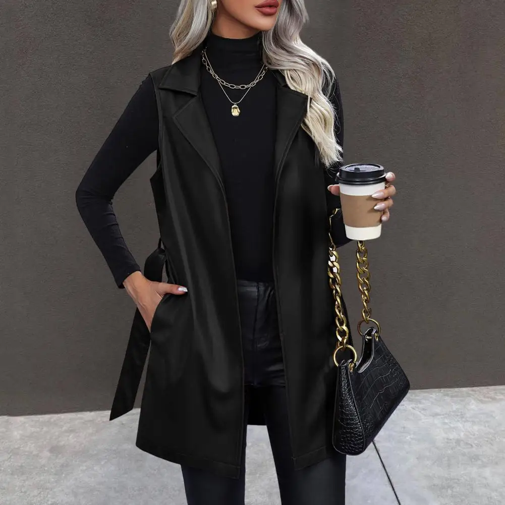 Women Fall Spring Vest Coat with Belt Lace-up Waist Turn-down Collar Smooth Faux Leather Mid Length Cardigan Commuting Shopping