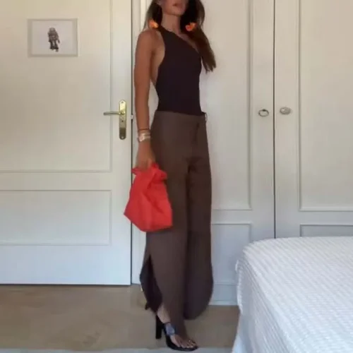 Imagen 2 del producto Traje Sexy de un hombro con espalda descubierta para Mujer, Top calado + pantalones de pierna ancha, conjunto liso de 2 piezas, ropa de calle sin mangas para verano