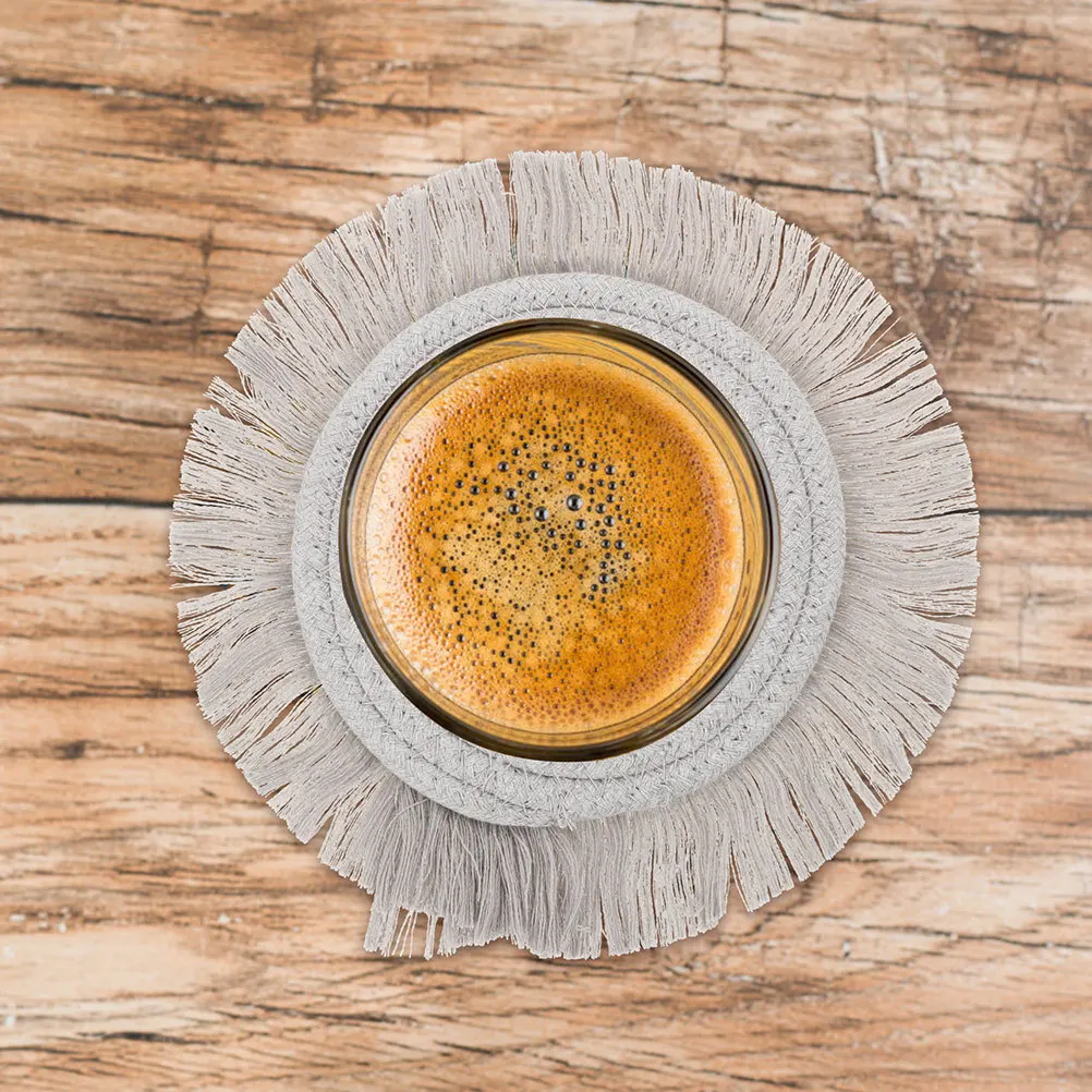 

2Pcs Hand-Woven Cotton Placemats Insulated Tableware Pad Tassel Place Mat for Dish Cup Non-Skid Desktop Coaster Set