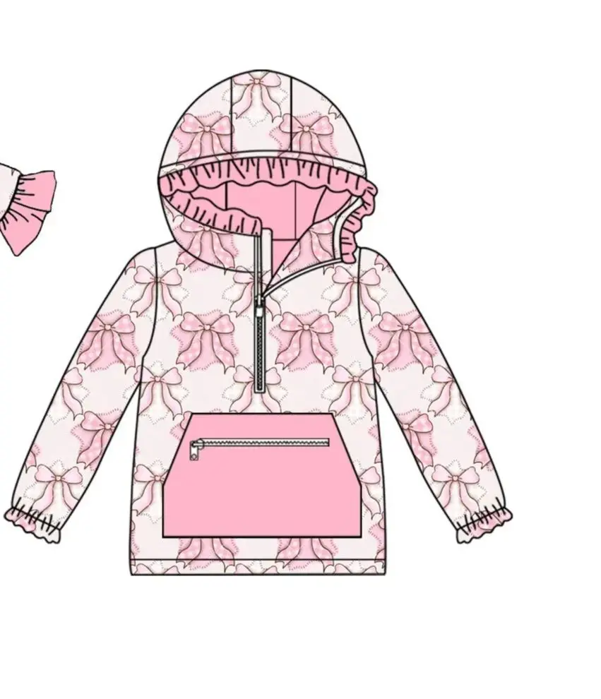 Girl Boutique Pink Bows Top Frills Hoodie Child Clothing Set Kids Bow Pajamas Zipper Baby Rompers