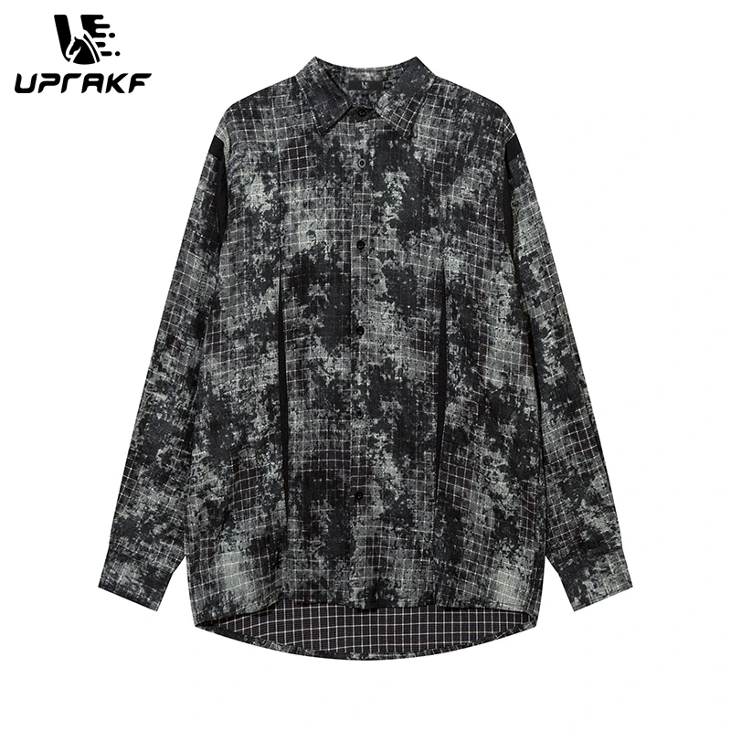 

UPRAKF Long Sleeve Retro Print Patchwork Color Contrast Plaid Shirt Autumn Long Sleeve Top Casual Fashion Washed High Quality