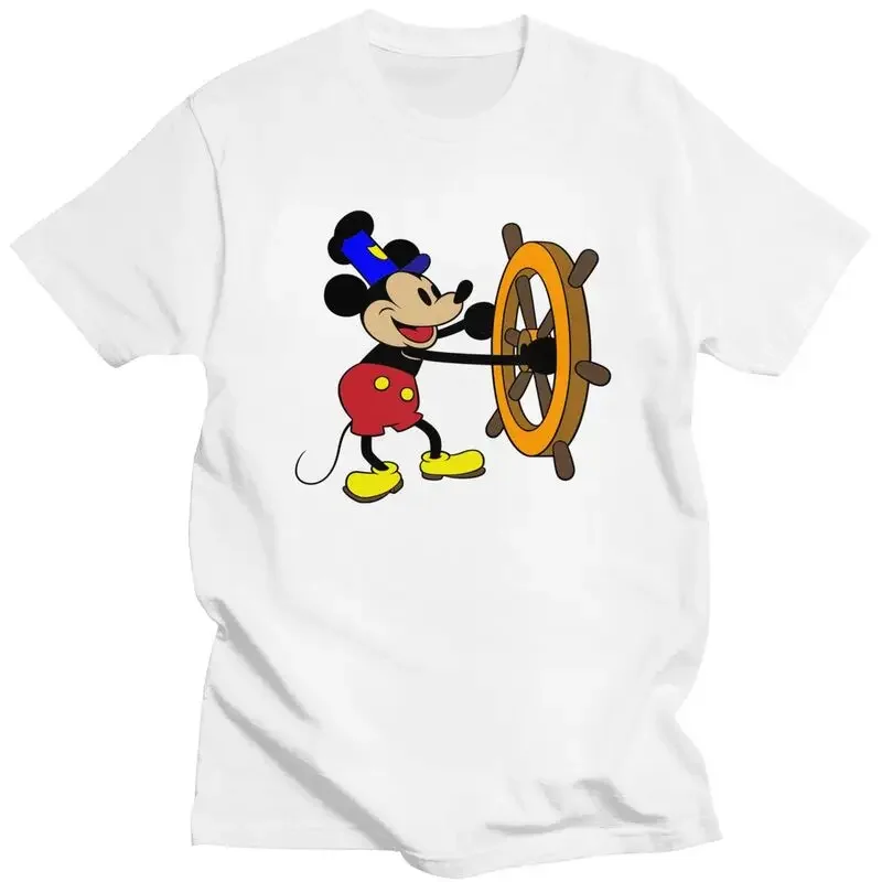 Steamboat Willie Tshirts Men Short Sleeved Streetwear T Shirt Trendy Mickey Mouse Anime T-shirt Fitted Cotton Tees Merch