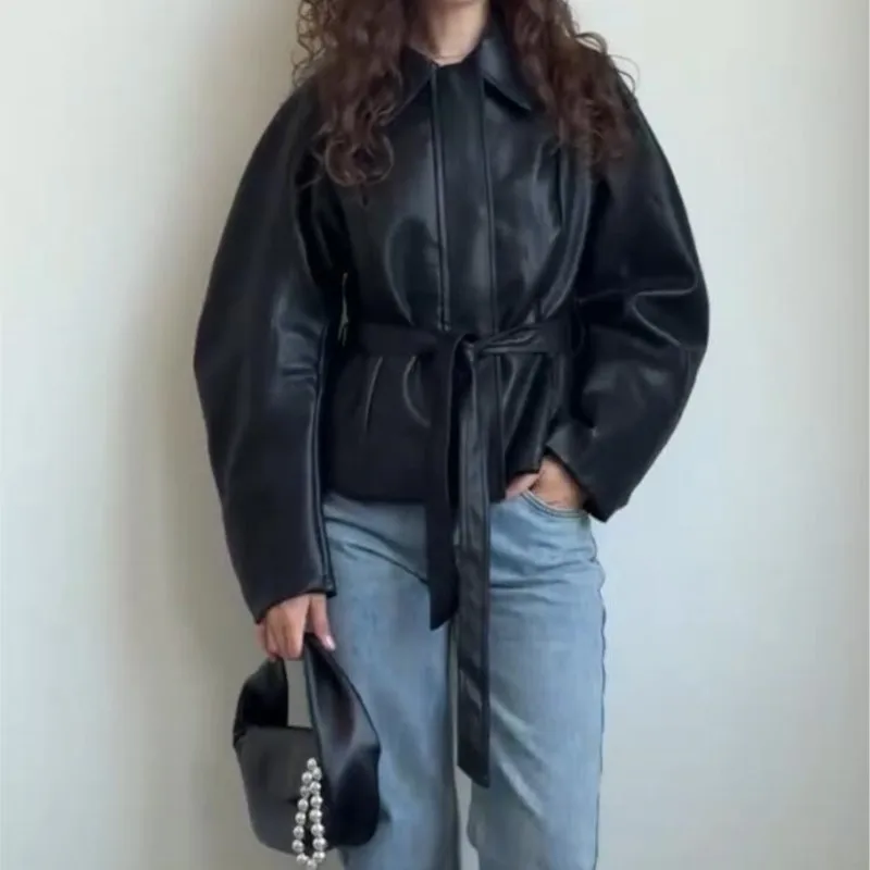 Women's Faux Leather Jacket Autumn Winter Fashion Lapel Collar Long Sleeve Belt Coat Casual Female Vintage Outerwear Chic Tops