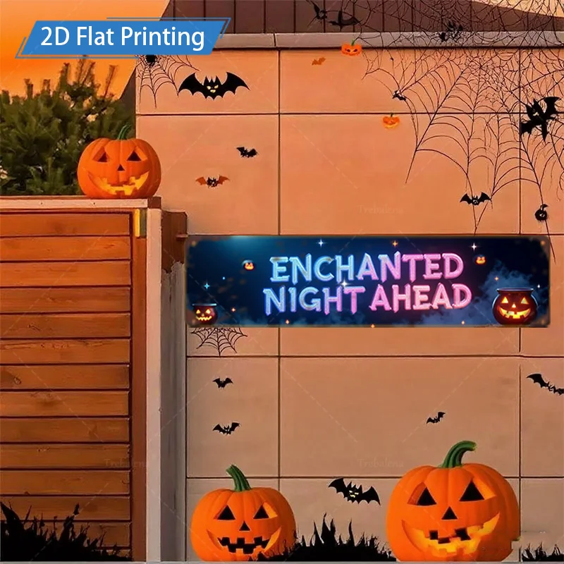 1 قطعة علامة معدنية، 4 × 16 بوصة ليلة مسحورة أمام: مشهد اليقطين والخفافيش للهالوين علامة معدنية ديكور فني #4
