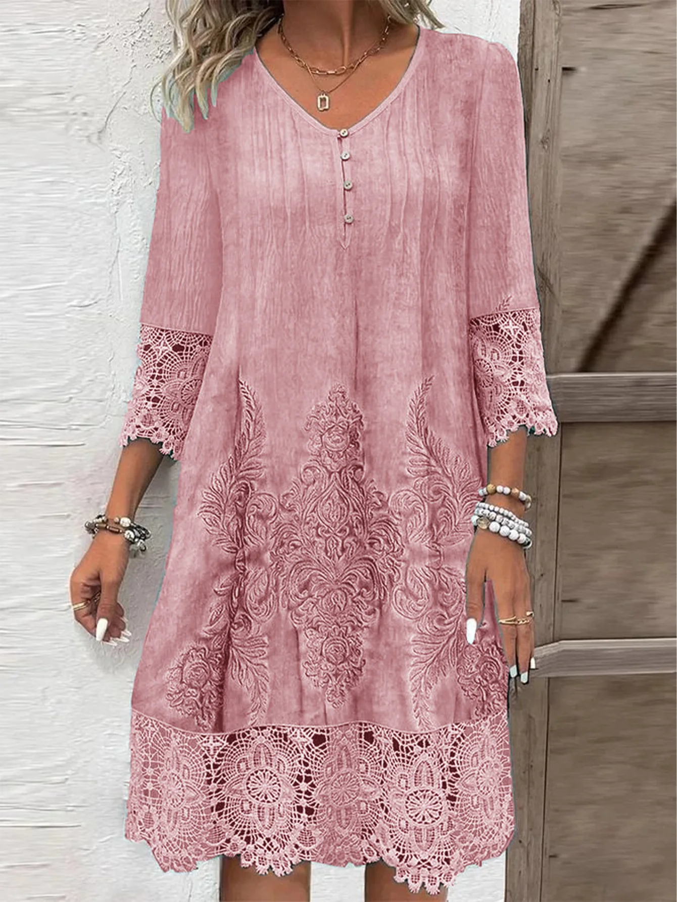 Button V-neck Short Sleeved Lace Printed Women's Dress Elegant Casual Fashionable High Street Spring Dresses image 4