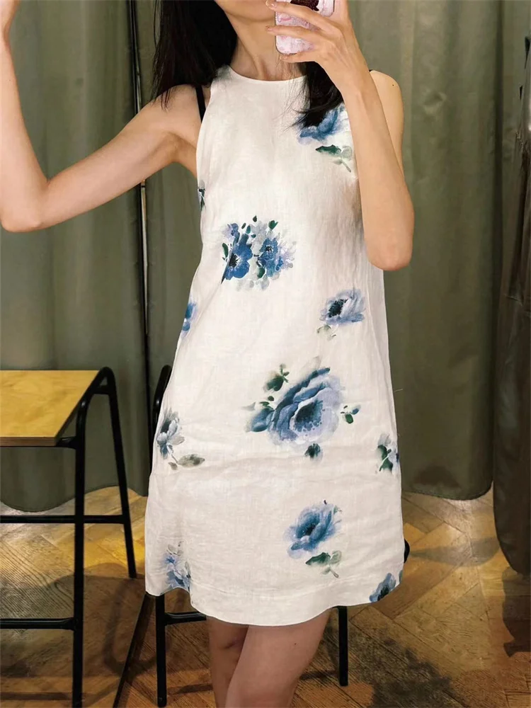 

Ladies Sleeveless O-Neck A-Line Loose Elegant Robe Women Ink Dyed Floral Printed Linen Dress Summer 2024 New