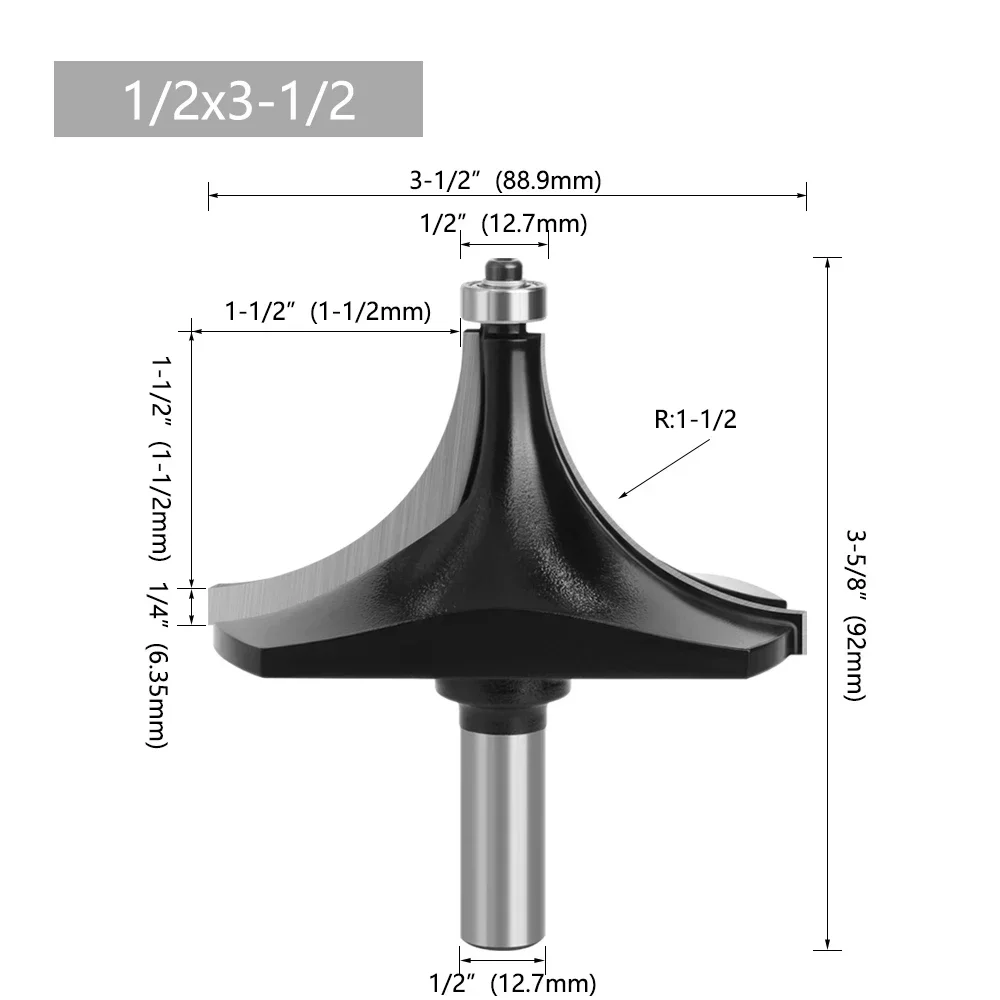 1PC 1/2" 12.7MM 12MM Shank Milling Cutter Wood Carving Big Corner Round Router Bit for Edging Woodworking Mill Classical Cutter