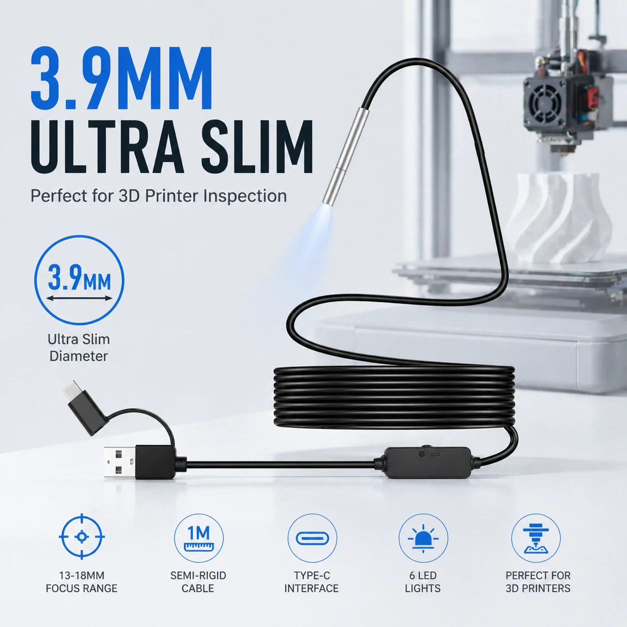 Endoscope Camera for 3D Printer Nozzle Inspection, 3.9mm Type-C Borescope, 13–18mm Focus, Precision Internal Inspection Tool