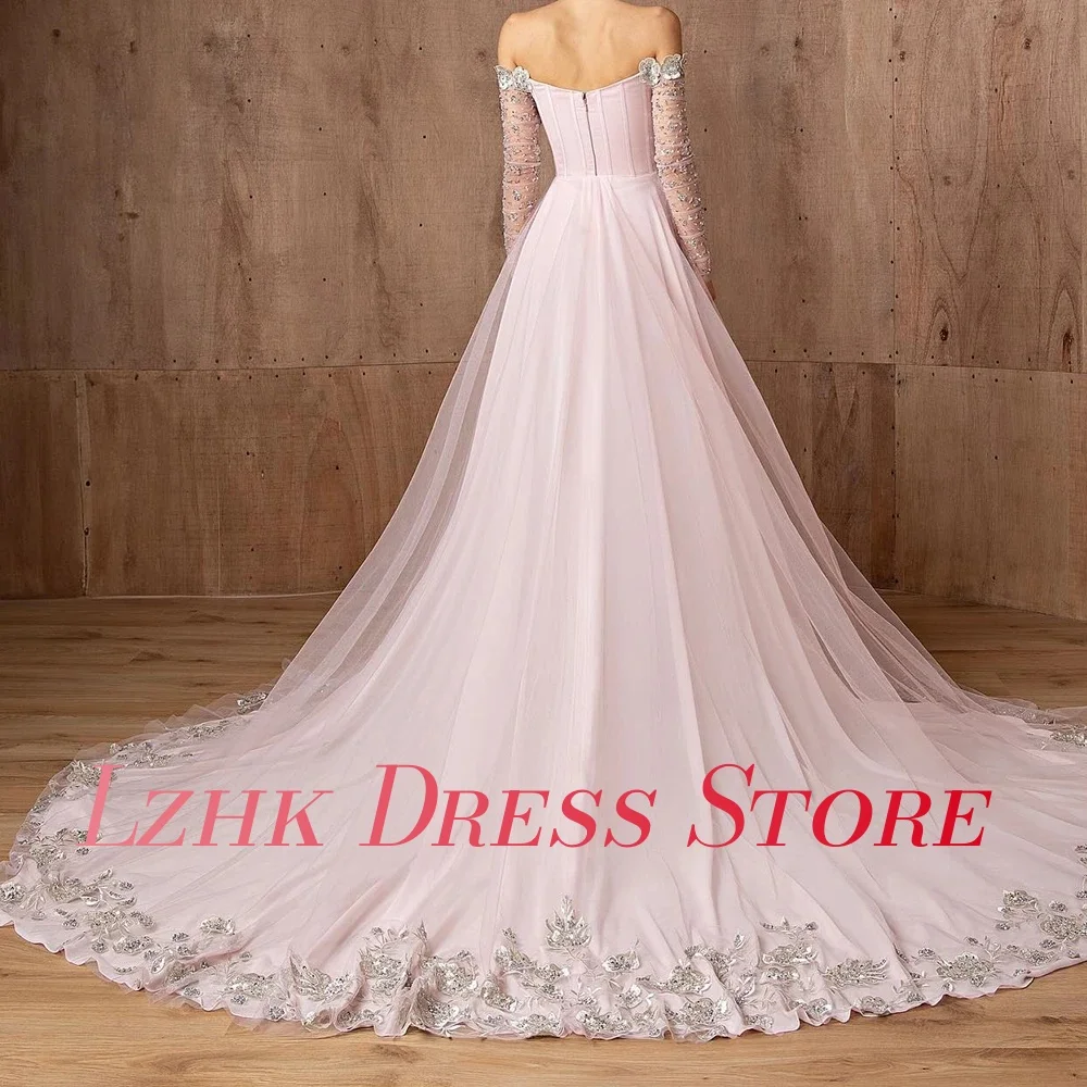 カスタマイズされた高級オーガンザ A ラインオフショルダーアップリケスパンコールクリスタルイブニングドレス繊細な長袖ウエディングドレス