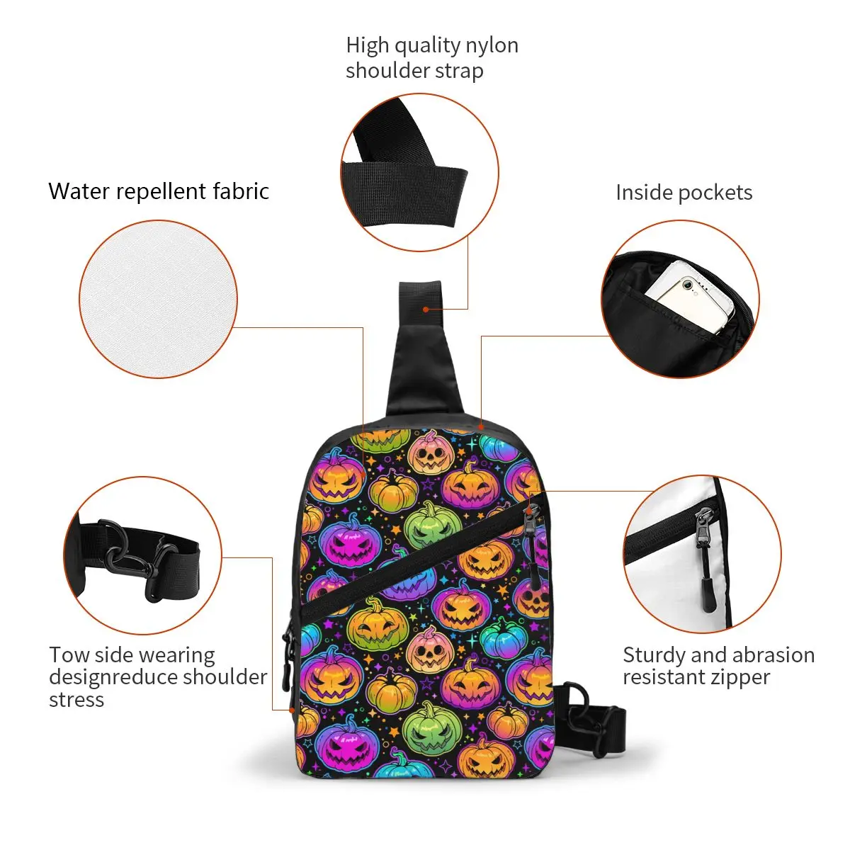 Custom Colorful Pumpkin Bats Star Moon Gothic Magic Mysterious Sling Crossbody Backpack Men Shoulder Chest Bag Camping Daypack