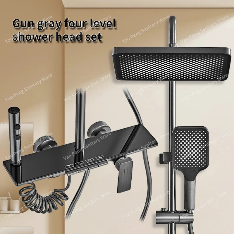 Gunmetal gray large plant platform shower head set for home bathroom with four-level pressure increase