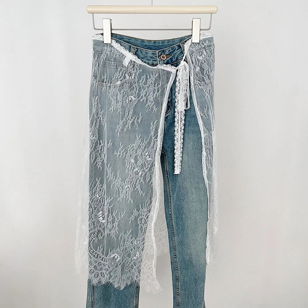 

High Waist Lace Midi Skirt Embroidered Flower See Through Lace Drawstring Skirt Harajuku Y2K Streetwear