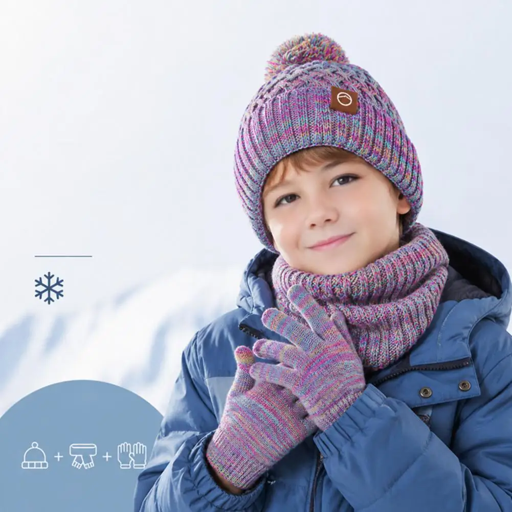 Kids Thermal Knit Beanies Neck Warmer Mittens Kids Winter Hat Scarf Gloves Set Fleece Lined Beanies Neck for Boys for Boys