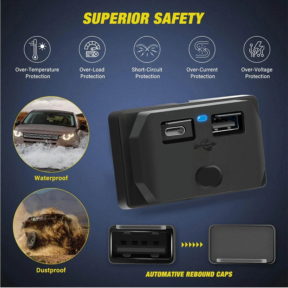 12V-24V USB Fast Car Charger Outlet 50W Dual USB C 30W and Dual QC 3.0 20W Port Car Charger Socket Accessories for Bus RV Truck