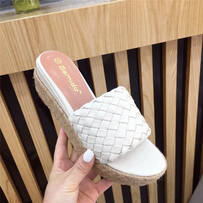 

7cm Wedge Sandals Summer Slippers White Belt Weave Beach Platform Sandals Woman Wedges Heels Casual Female Footwear