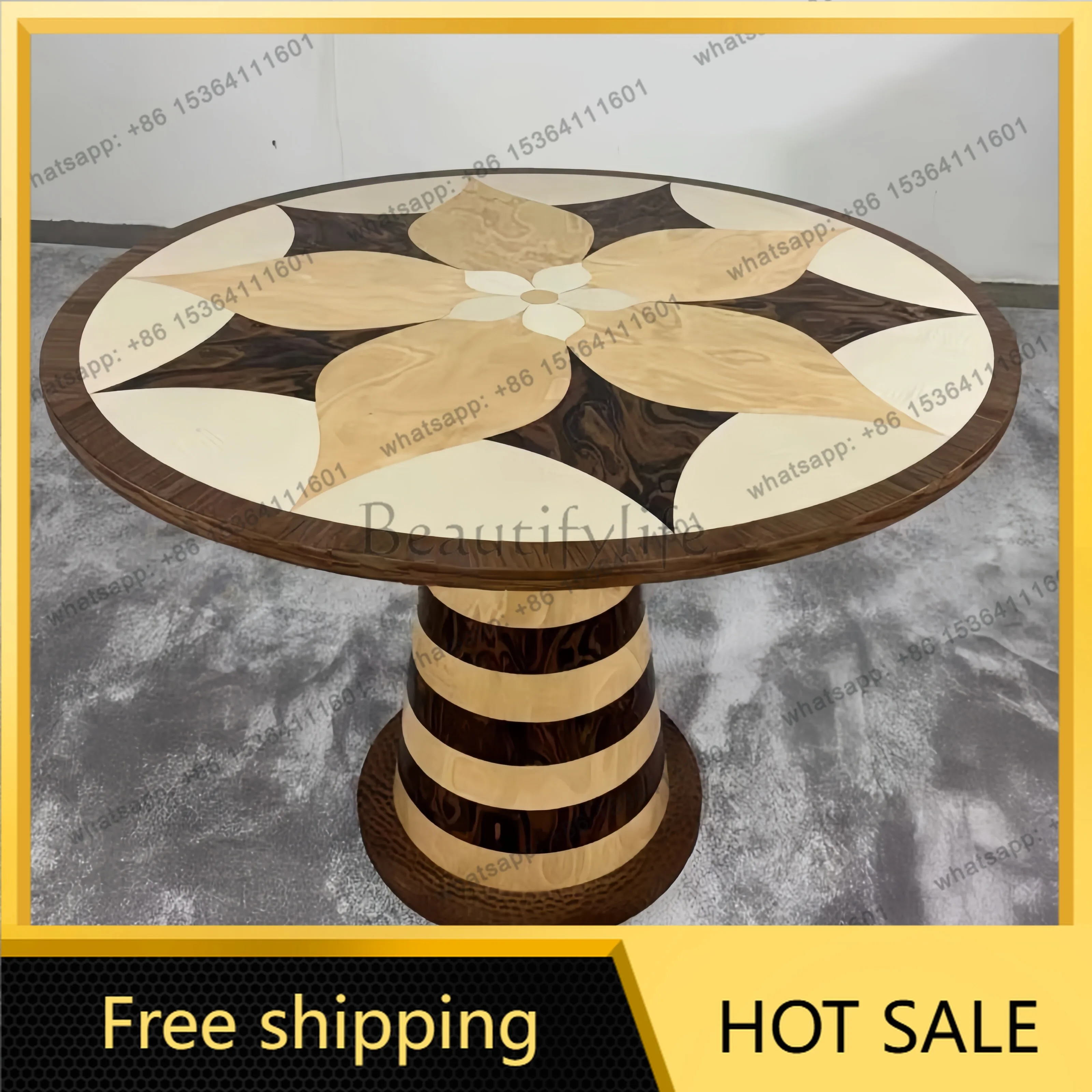Factory Direct Sales Medium Antique Solid Wood Round Table Geometric Pattern Dining Table Modern Simplicity