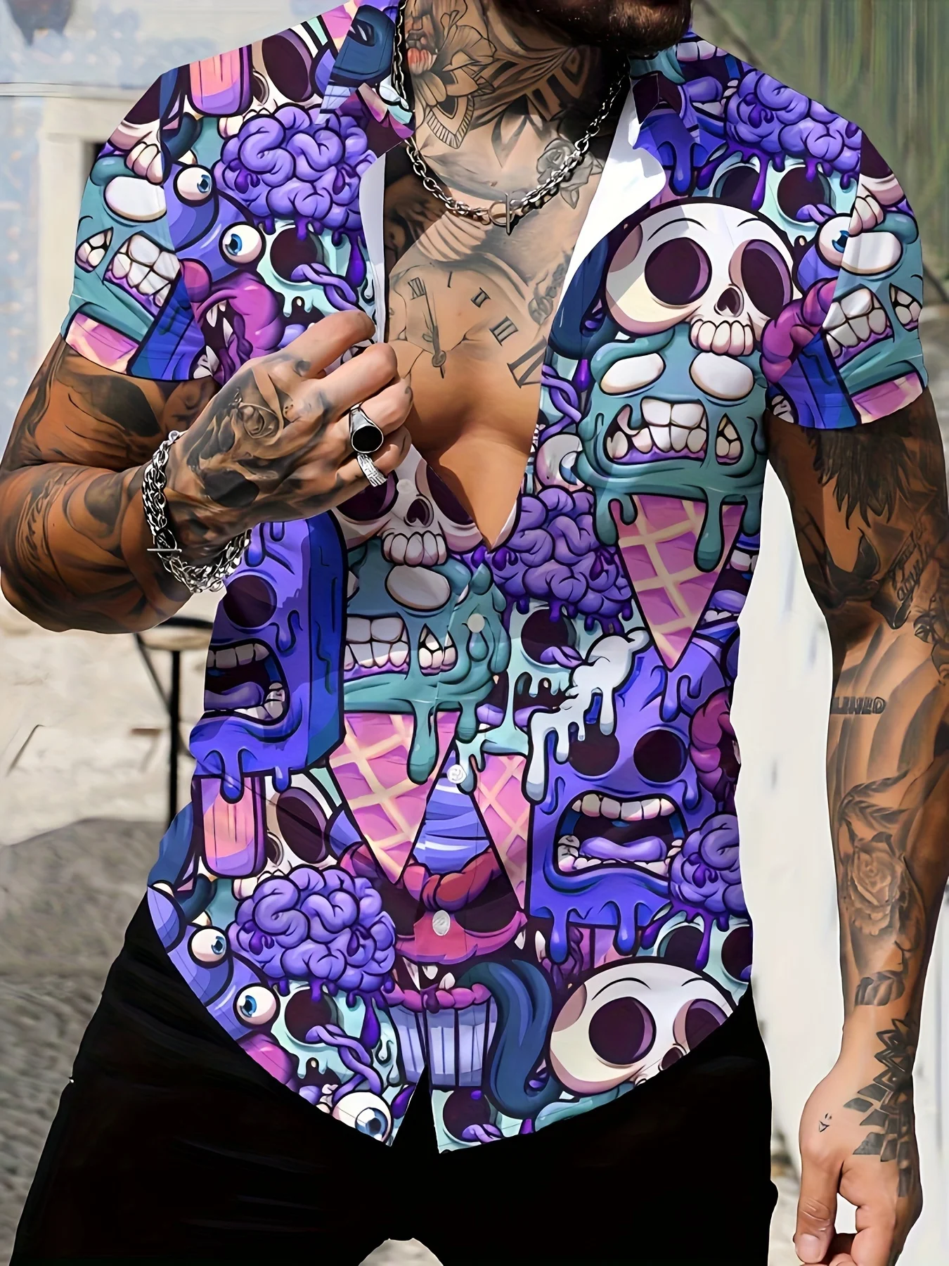 Psychedelic Skull Ice Cream Monster Graffiti Pattern Unisex Short Sleeve Blouse Camp Collar Loose Novelty Vacation Shirt