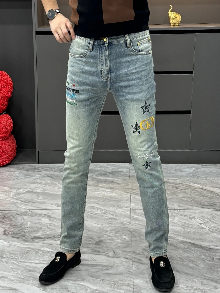 

Ele Embroidered Slim Fit Men's Jeans Casual Straight Leg Pants Faionable Spring Autumn Wear Comfortable Classic Blue