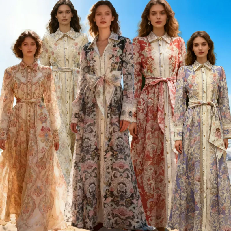 جديد الشارع Sle ارتفاع الخصر طويل Sve ثوب مطبوع مع زر التفاصيل عارضة ثي المواد محايد اللون الربيع جمع