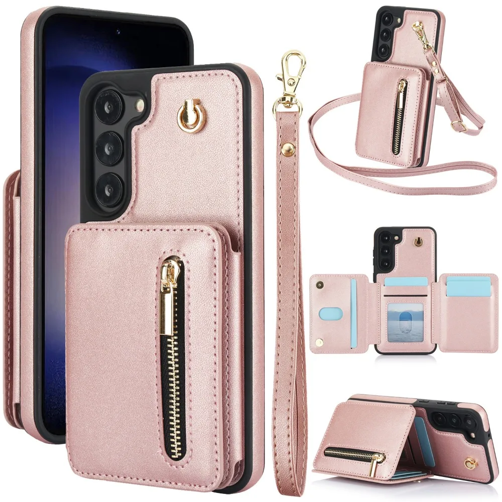 Zipper Card Slot Holder Walllet Crossbody Lanyard Phone Case For Samsung Galaxy S24 S23 S22 S21 Ultra Plus + Leather Cover