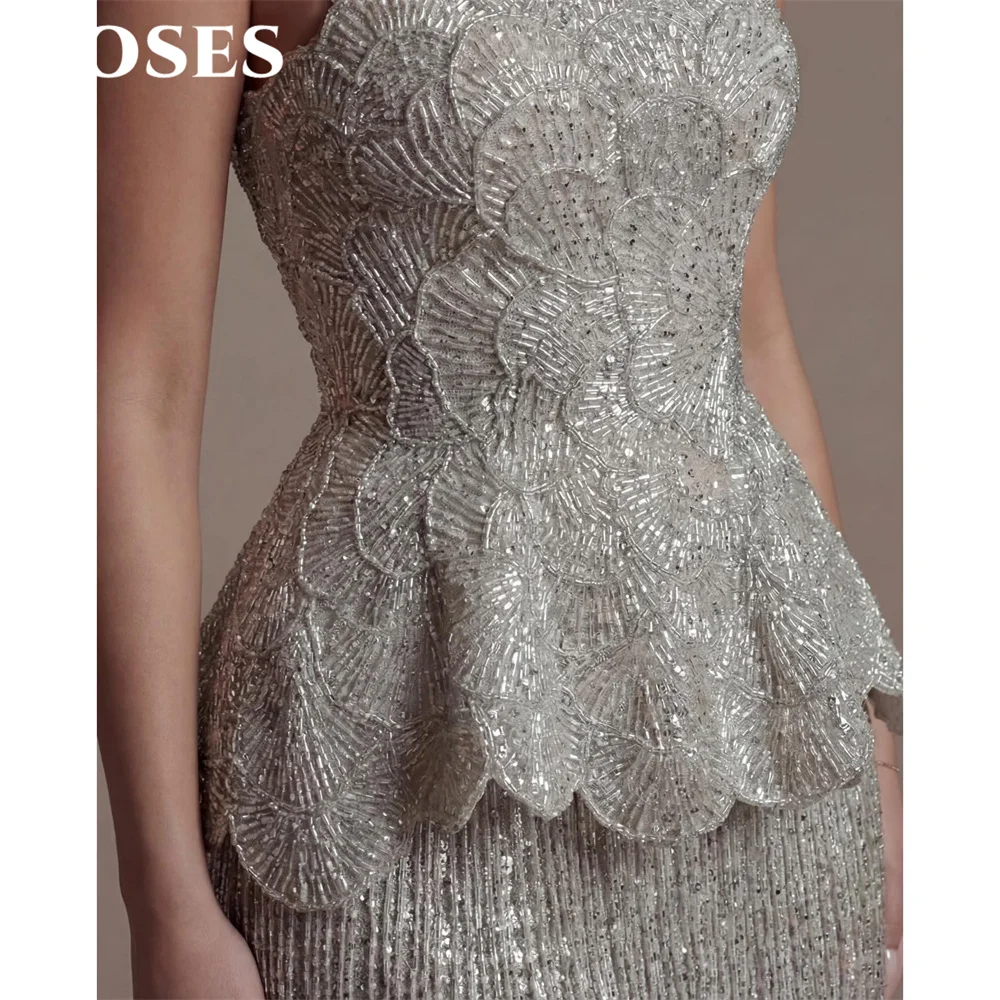 ROSES Sliver Prom Dress Strapless Sleeveless Celebrity Dress with Layered Tassel Women's Evening Dresses Formal Gown Customized image 4