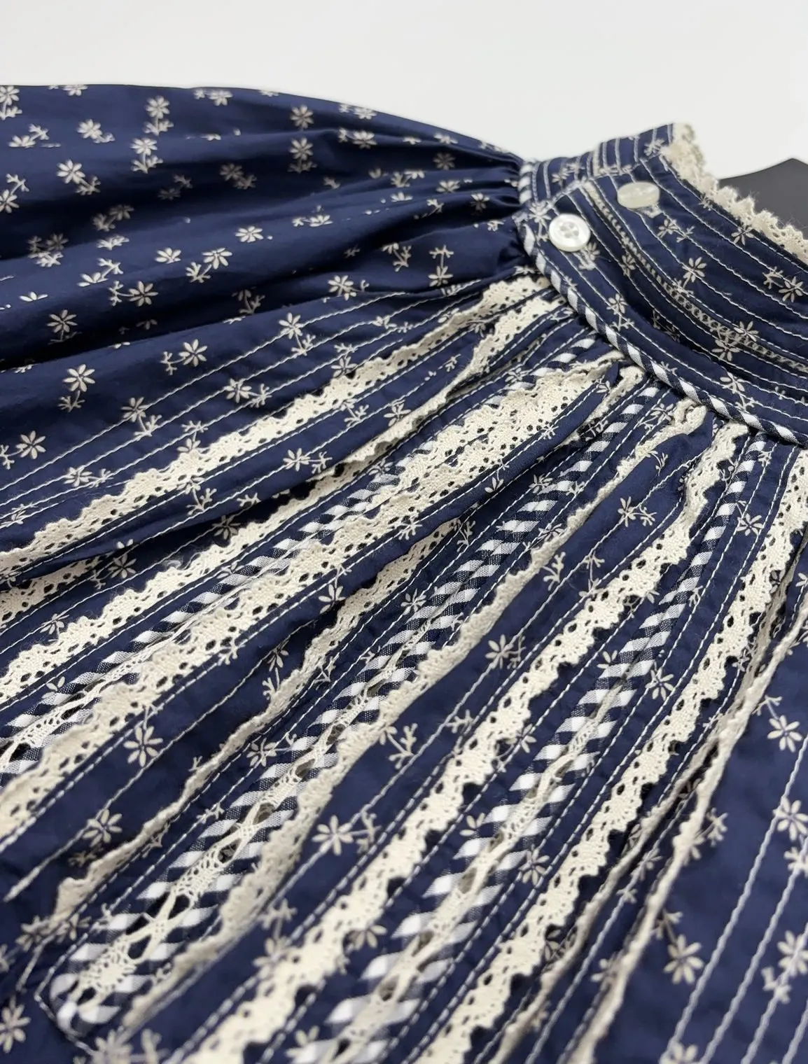 Mini vestido de crochê bordado em renda feminino, gola, estampa floral, manga comprida, algodão