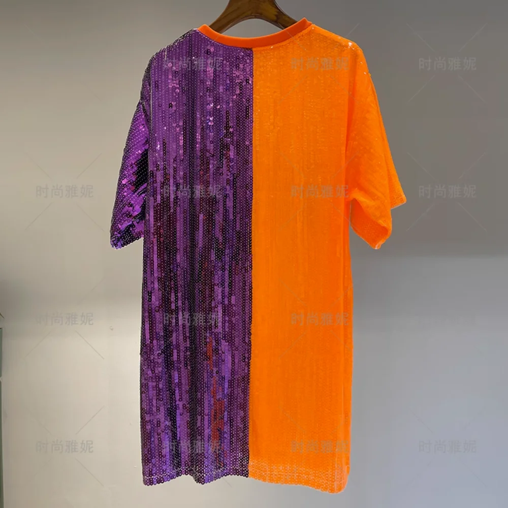 Fashion Europe The United States New Sequin T-shirt Dress Loose Performance Digital Purple And Orange Collision Color Top