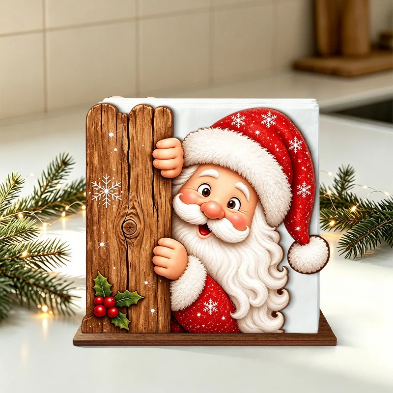 Santa Claus Wooden Napkin Holder Christmas Table Decor Desktop Tissue Storage Rack Xmas Party Dining Room Tabletop Decorations