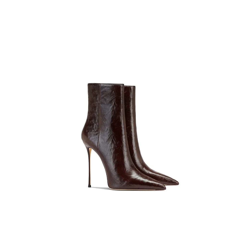 

Genuine Leather Brown High Heel Pointed Toe Ankle Boots Women 2025 Spring New Fashion Shoes