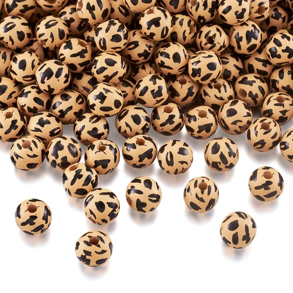 

Pandahall 100-200pc Printed Leopard Beads Natural Wood Beads Black White Plaid Ball Wooden Beads for jewelry making bracelet DIY