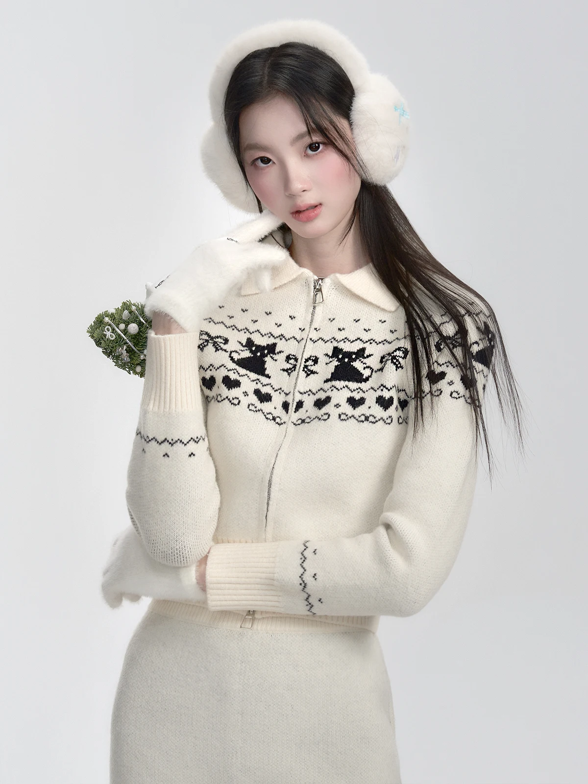 

Комплект вязаного свитера Fragile Heart Island Fair Isle с открытым кардиганом и юбкой ort для женщин с длинным воротником-стойкой на молнии...